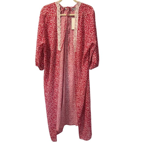 Jen & Co. Red & White Open Front Kimono With Lace Trim one Size - Picture 2 of 12